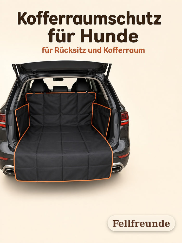 Kofferraumschutz für Hunde in Schwarz mit orangem Kantenband im SUV-Kofferraum