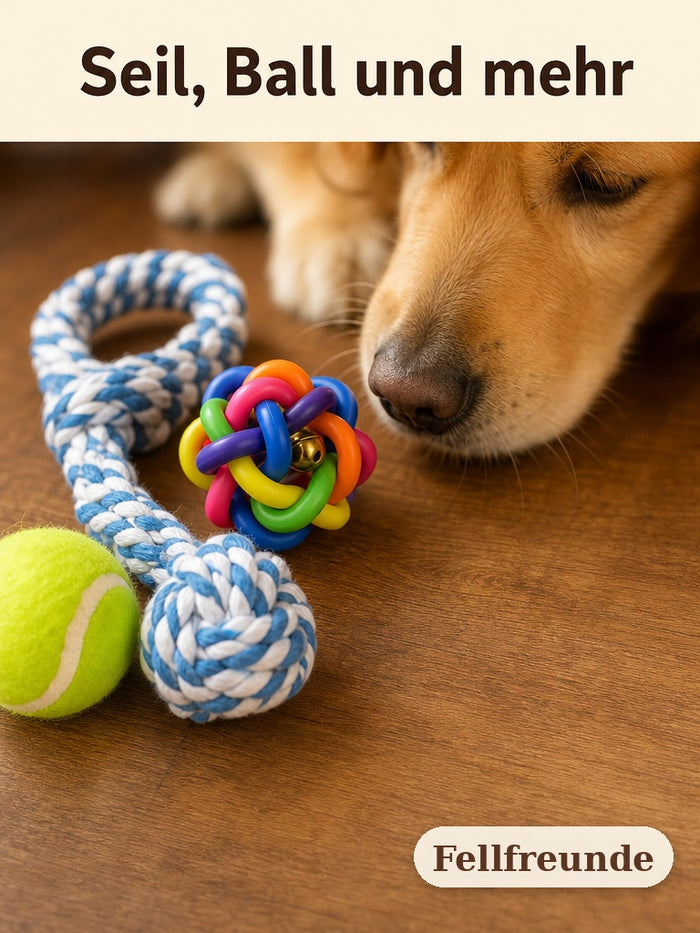 Seilspielzeug, Tennisball und Bunter Ball in Nahaufnahme