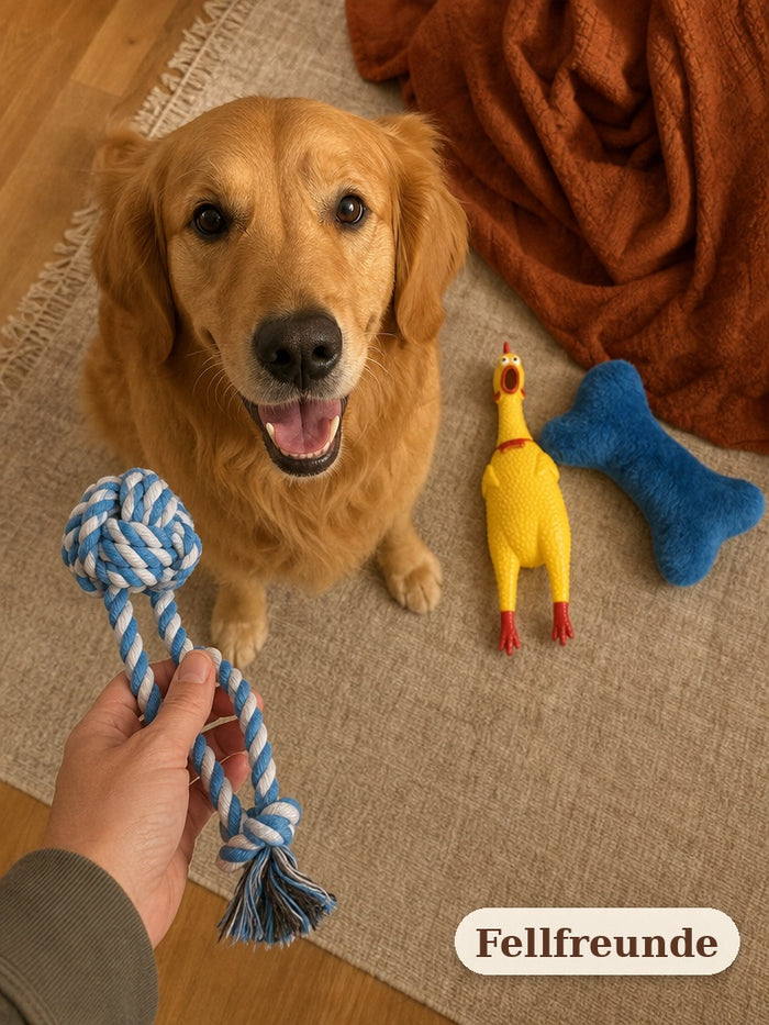 Hund wartet gespannt auf das Seilspielzeug