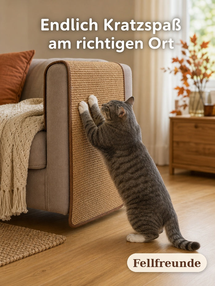 Katze kratzt an der Sisal-Kratzmatte an der Sofalehne