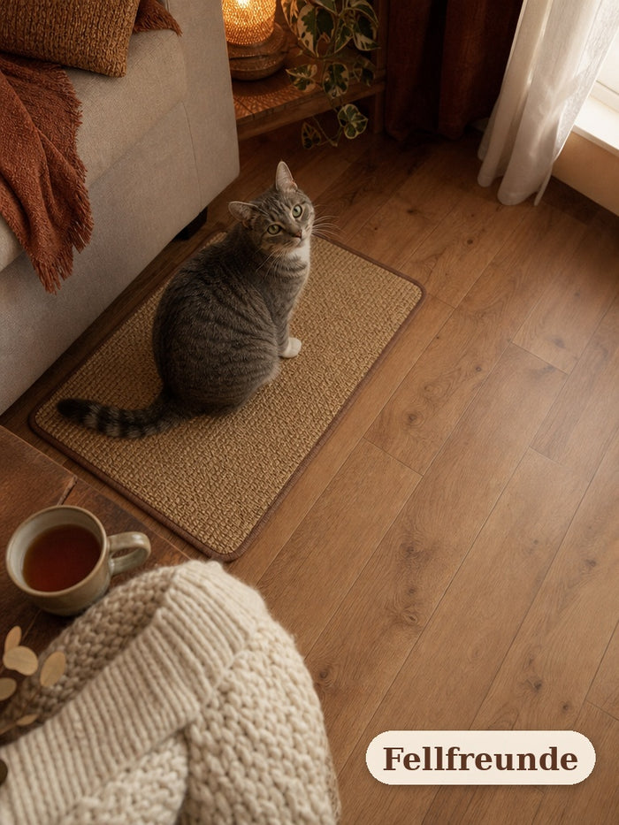Katze sitzt auf der Sisal-Kratzmatte im gemütlichen Wohnzimmer