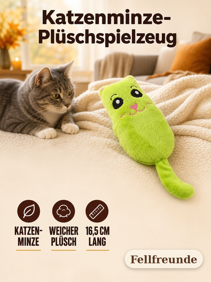 Plüschspielzeug mit Katzenminze, weicher Plüsch und 16,5 cm Länge, daneben eine Katze