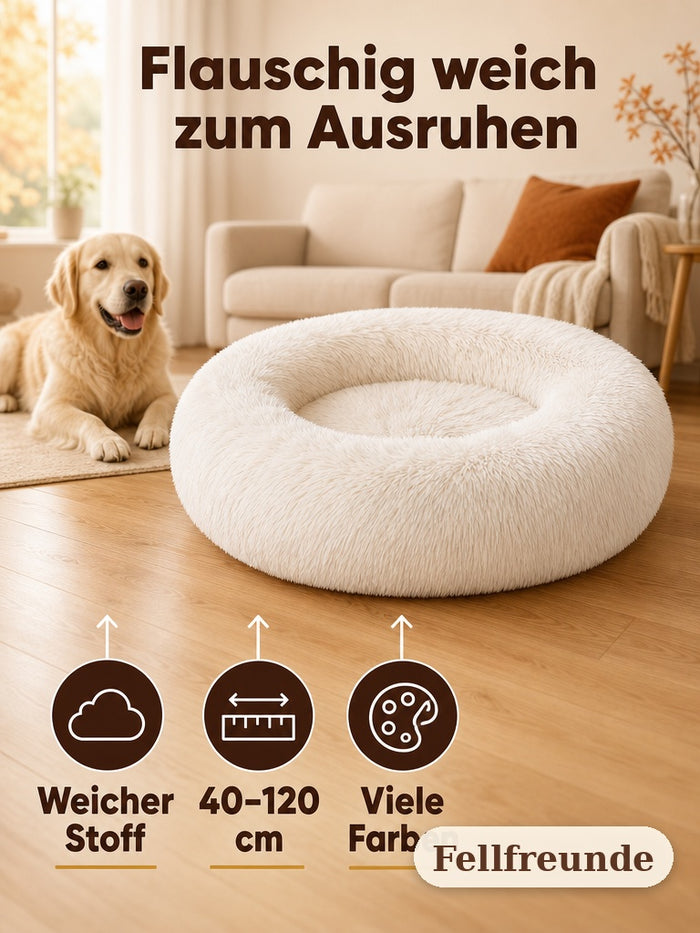 Plüsch-Hundebett: weicher Stoff, Größen 40–120 cm, viele Farben, Golden Retriever im Wohnzimmer