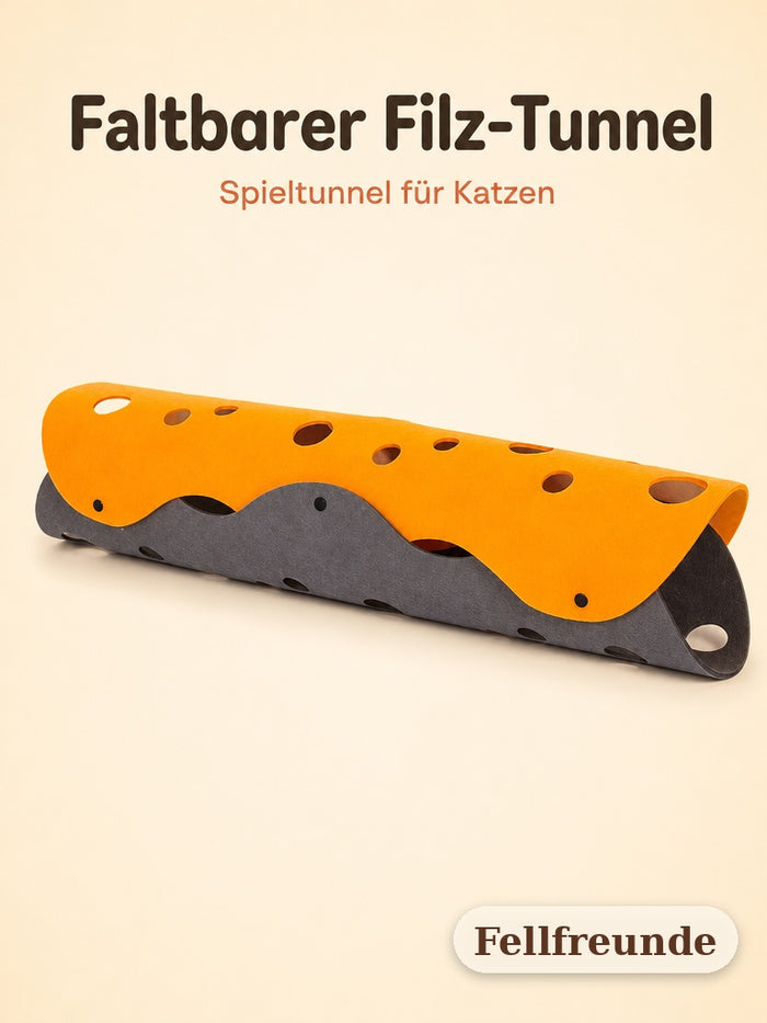 Faltbarer Filz-Tunnel mit Pompons für Katzen in Orange und Grau
