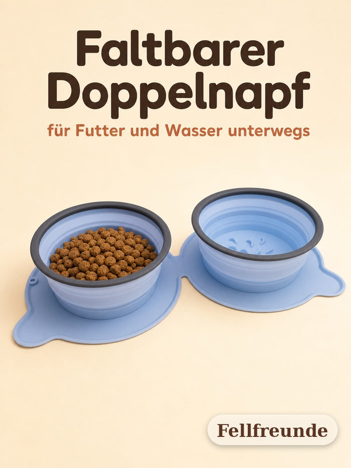 Faltbarer Silikon-Doppelnapf in Himmelblau, ein Napf mit Futter, einer mit Wasser