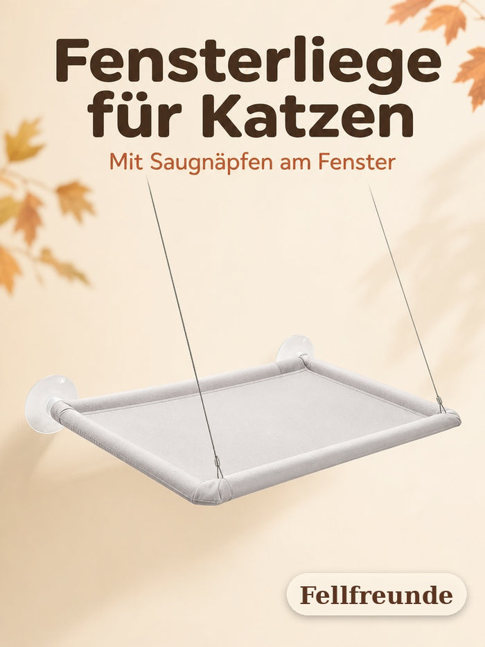 Fensterliege für Katzen in Silbergrau mit Saugnäpfen und Drahtrahmen