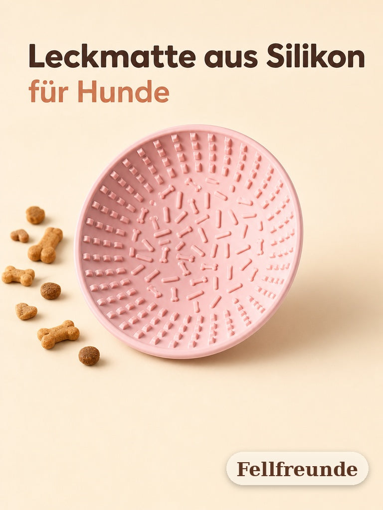 Silikon-Leckmatte für Hunde in Rosa, Draufsicht mit Leckerlis (1)