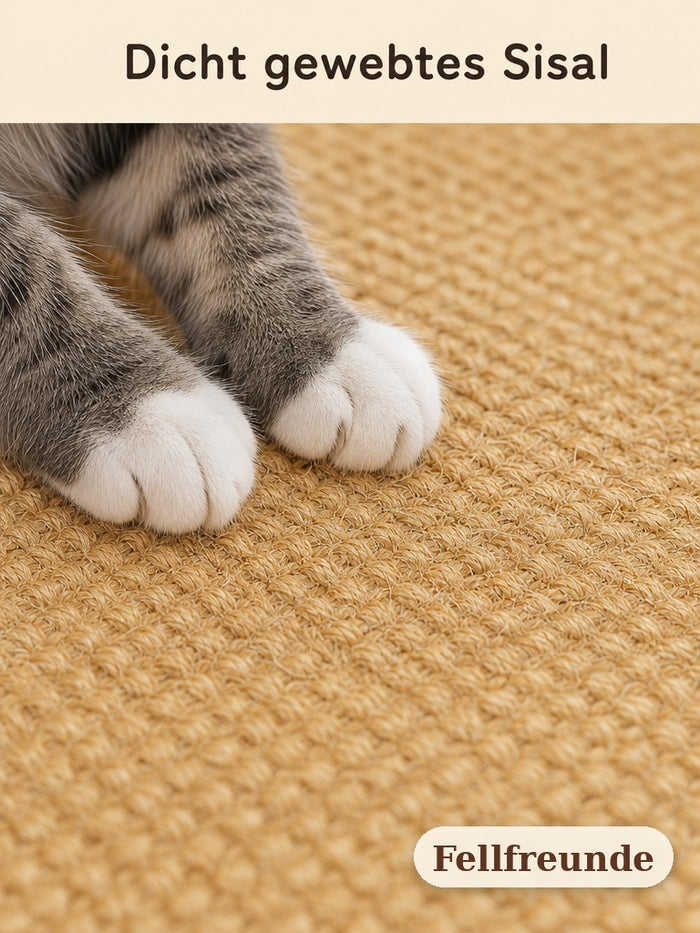 Nahaufnahme: Katzenpfoten auf dicht gewebtem Sisal