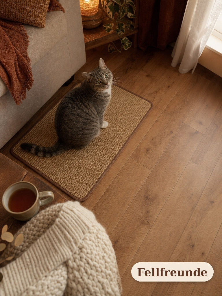 Katze sitzt auf der Sisal-Kratzmatte im gemütlichen Wohnzimmer (5)