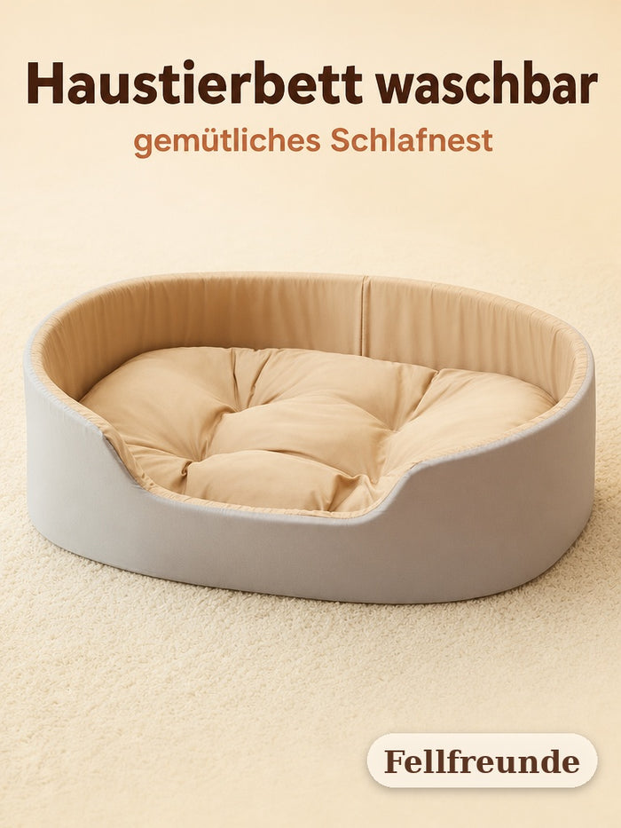 Waschbares Haustierbett in Graubraun mit beigem Kissen