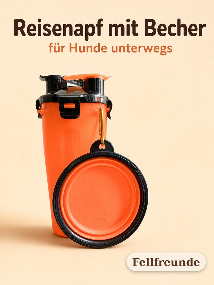 Reisenapf mit Becher für Hunde in Orange, Napf hängt am Karabiner
