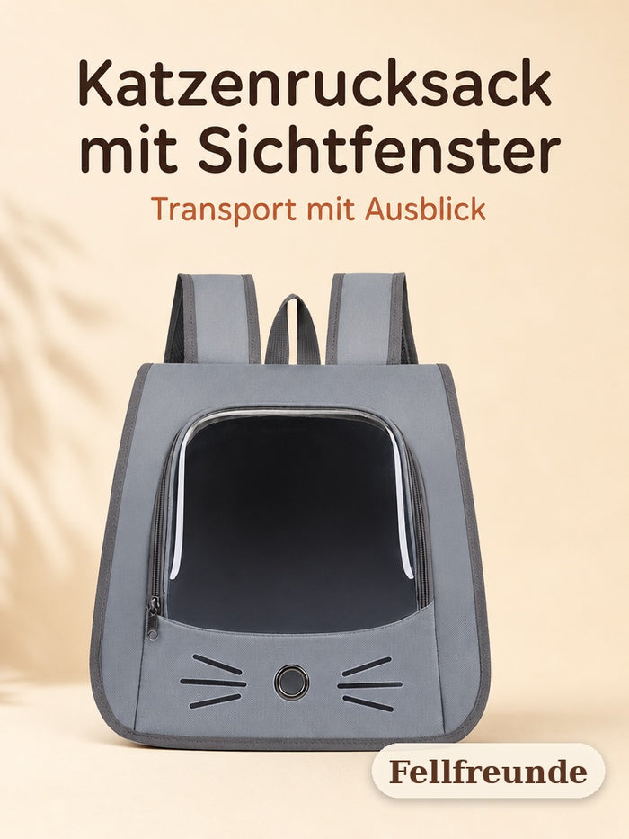 Grauer Katzenrucksack mit Sichtfenster und Schnurrhaar-Aufdruck, Vorderansicht