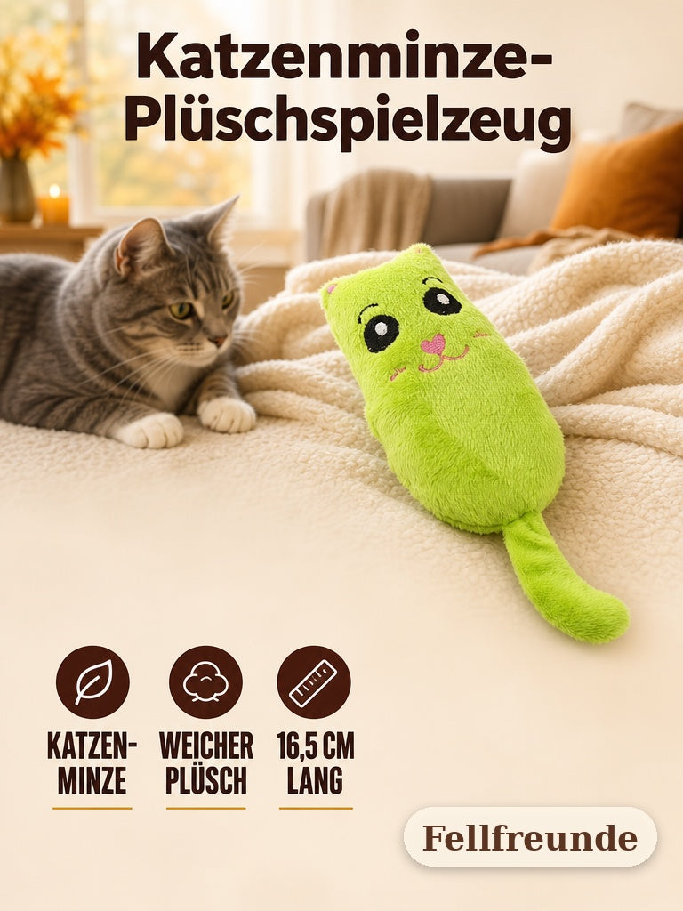 Plüschspielzeug mit Katzenminze, weicher Plüsch und 16,5 cm Länge, daneben eine Katze (2)