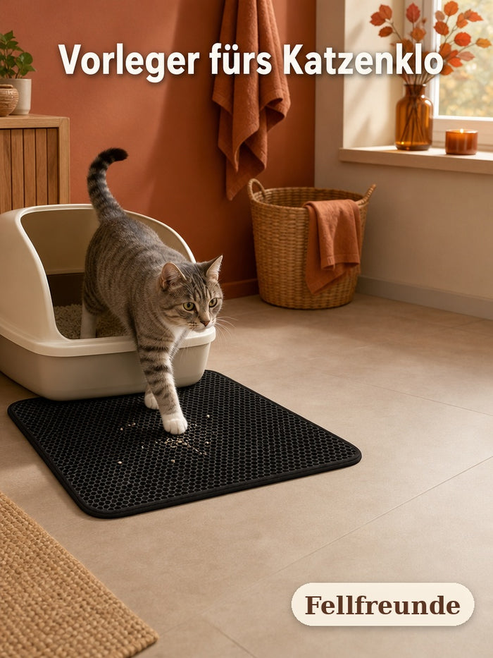 Getigerte Katze steigt aus dem Katzenklo auf die EVA-Streumatte