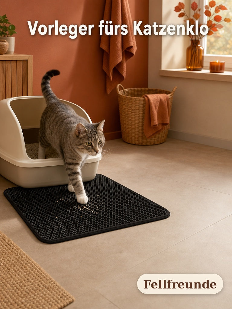 Getigerte Katze steigt aus dem Katzenklo auf die EVA-Streumatte (3)