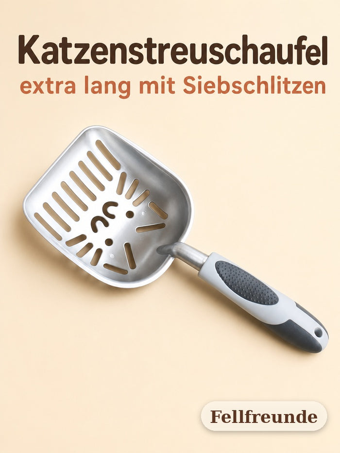 Katzenstreuschaufel in Silber mit Katzengesicht-Muster und langem Griff