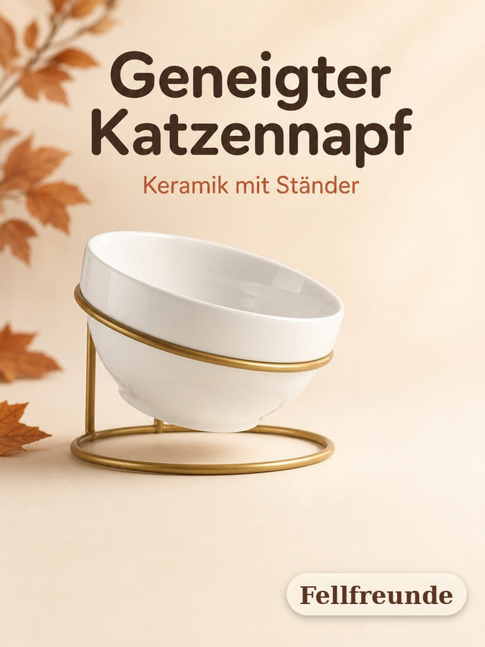 Geneigter Keramik-Futternapf für Katzen mit goldenem Ständer