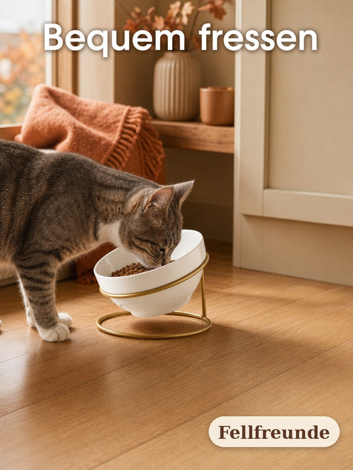 Katze frisst bequem aus dem geneigten Keramiknapf