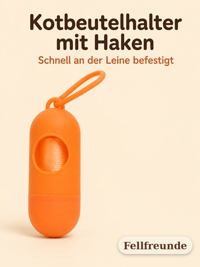 Kotbeutelhalter mit Haken in Orange, Produktfoto auf cremefarbenem Hintergrund