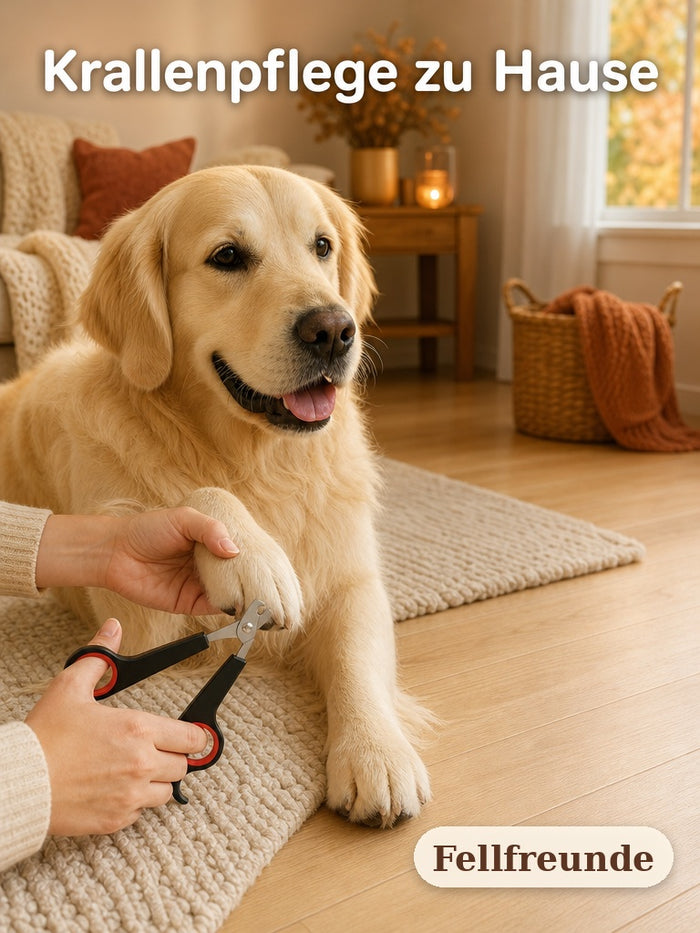 Golden Retriever lässt sich zu Hause die Krallen pflegen, Hand hält Pfote und Krallenschere