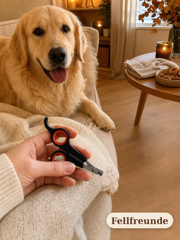 Mensch hält die Krallenschere auf dem Sofa, Golden Retriever liegt daneben (5)