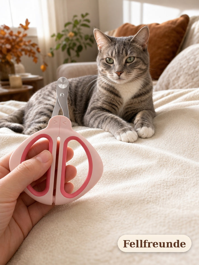 Krallenschere in der Hand neben einer Katze auf der Couch
