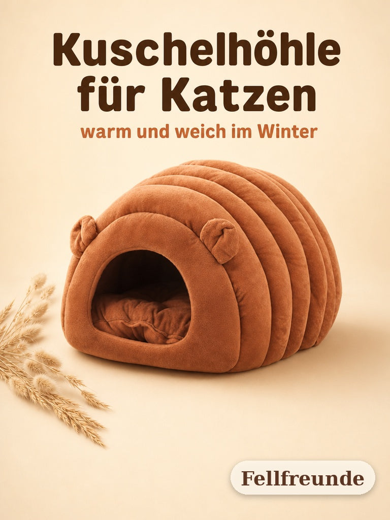 Kuschelhöhle für Katzen in Rotbraun mit Bärenohren auf cremefarbenem Untergrund (1)