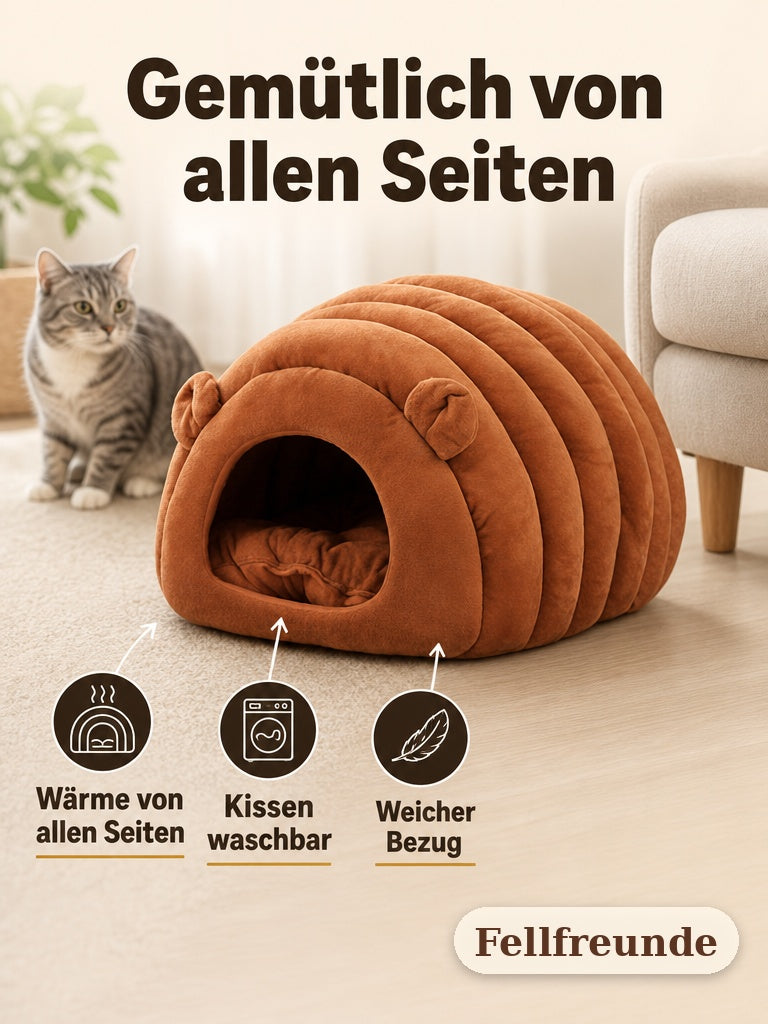 Kuschelhöhle für Katzen mit Vorteilen: Wärme von allen Seiten, waschbares Kissen, weicher Bezug (2)