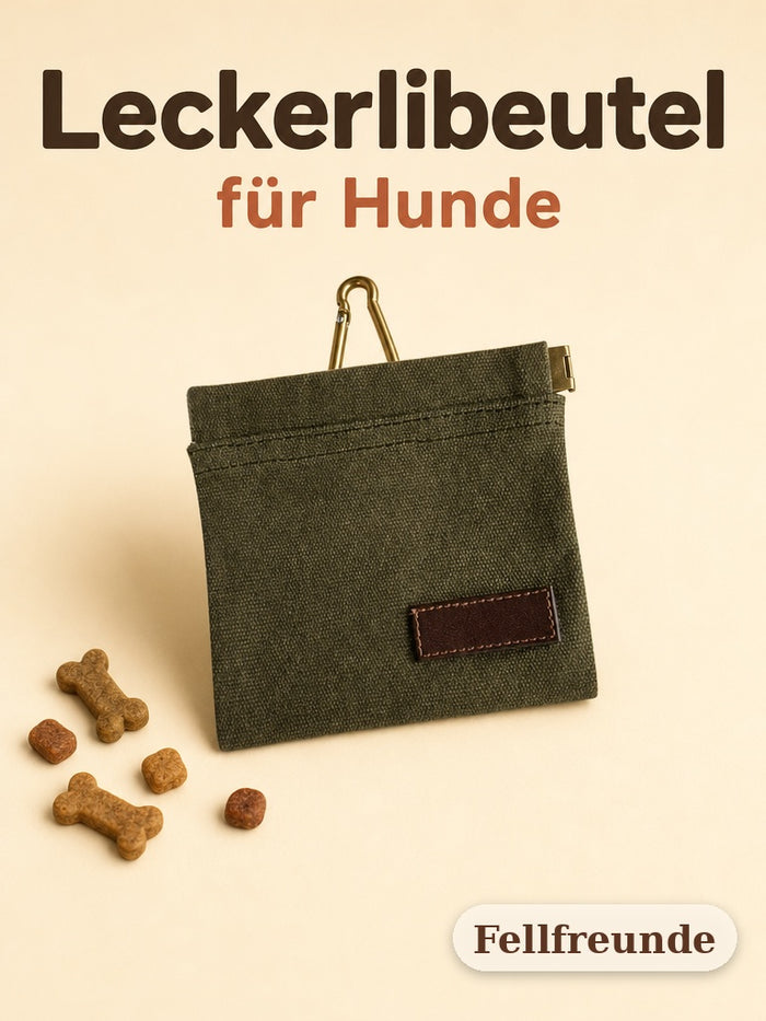 Leckerlibeutel für Hunde aus gewachstem Canvas in Grün mit Karabiner