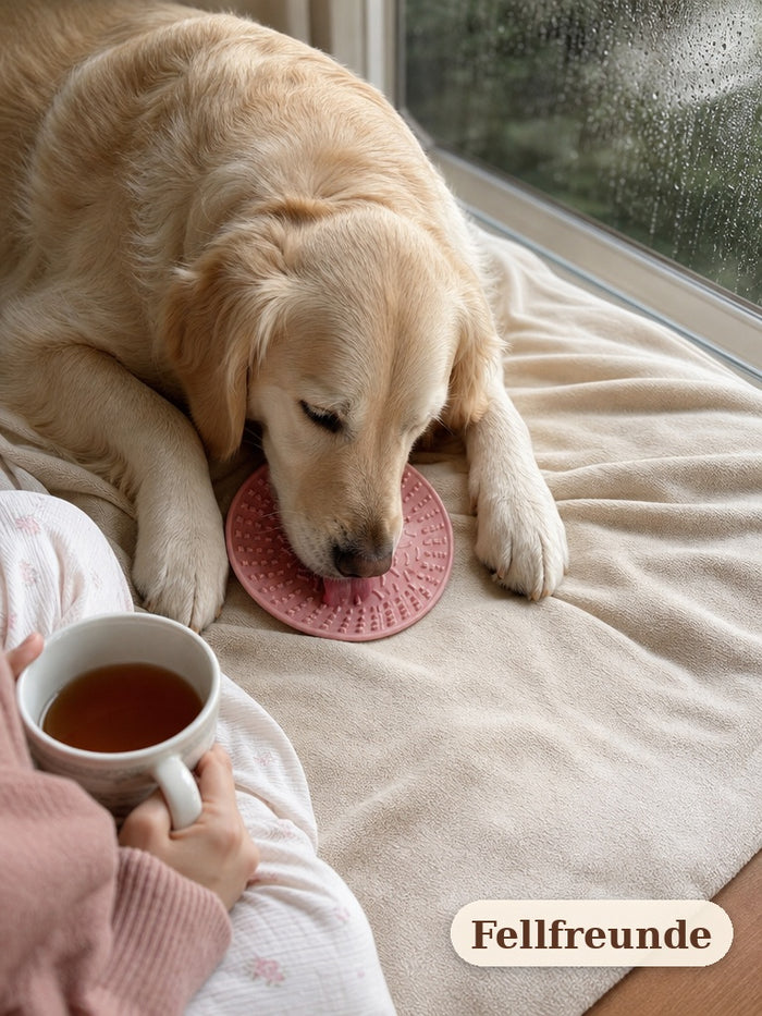 Silikon-Leckmatte für Hunde in gemütlicher Wohnzimmer-Szene