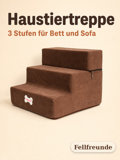 Haustiertreppe mit 3 Stufen in Dunkelbraun für Bett und Sofa
