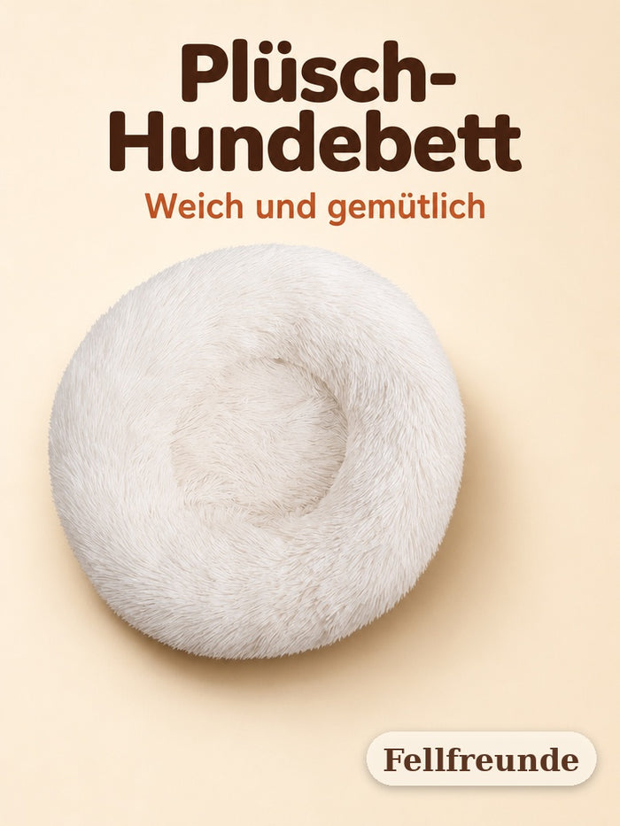 Plüsch-Hundebett in Creme, rund und flauschig, Produktfoto auf cremefarbenem Hintergrund
