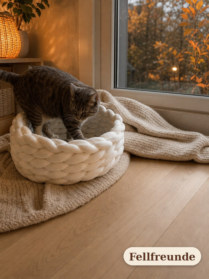 Katze steigt am Fenster in das weiße Katzenbett