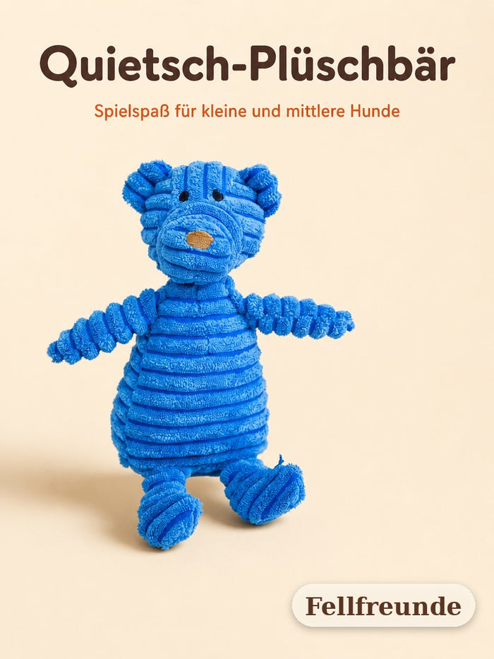 Blauer Quietsch-Plüschbär für Hunde auf cremefarbenem Hintergrund