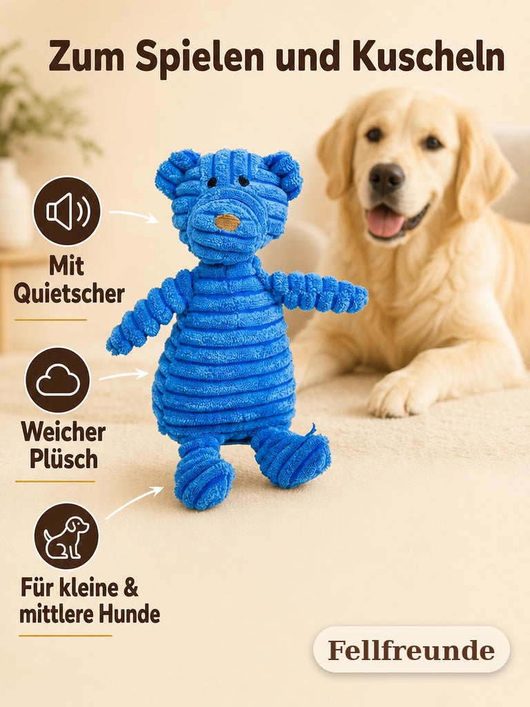 Quietsch-Plüschbär mit Quietscher und weichem Plüsch für kleine und mittlere Hunde, Golden Retriever im Hintergrund (2)