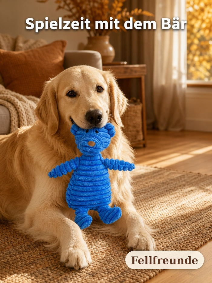 Golden Retriever spielt mit dem blauen Quietsch-Plüschbären im Wohnzimmer