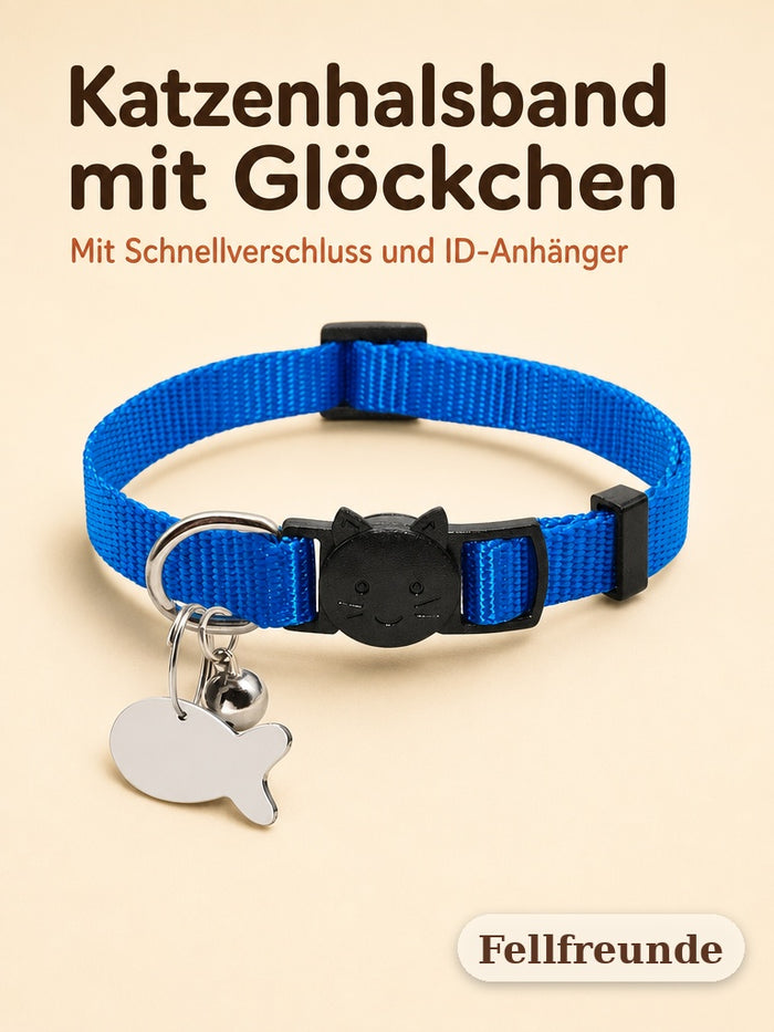 Blaues Katzenhalsband mit Glöckchen, Schnellverschluss und Fisch-ID-Anhänger