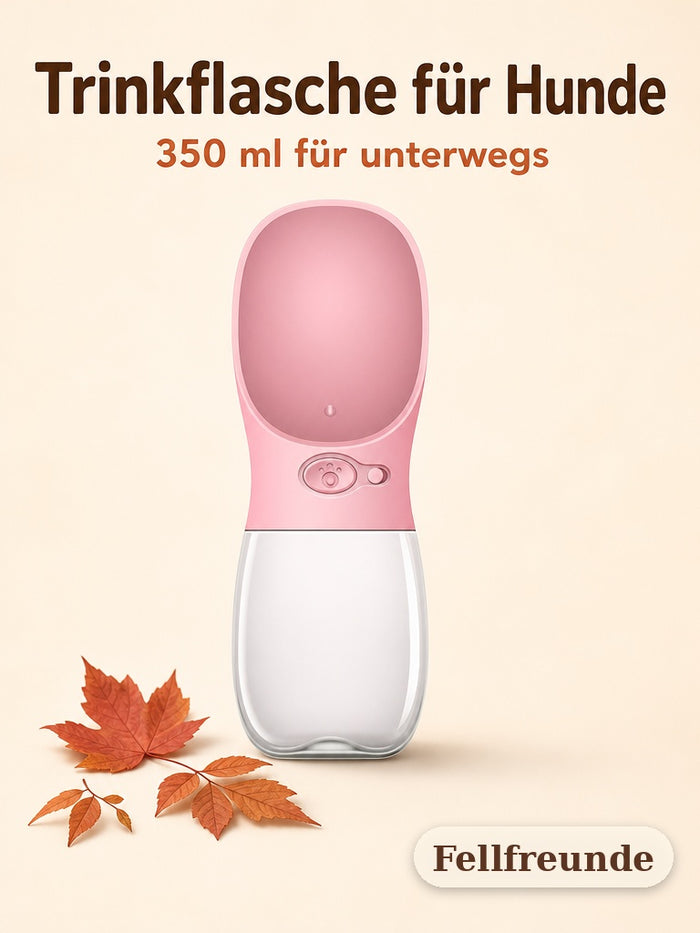 Tragbare Hunde-Trinkflasche 350 ml in Rosa mit Trinkschale, Produktfoto