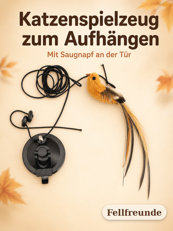 Katzenspielzeug zum Aufhängen mit Saugnapf und Plüschvogel