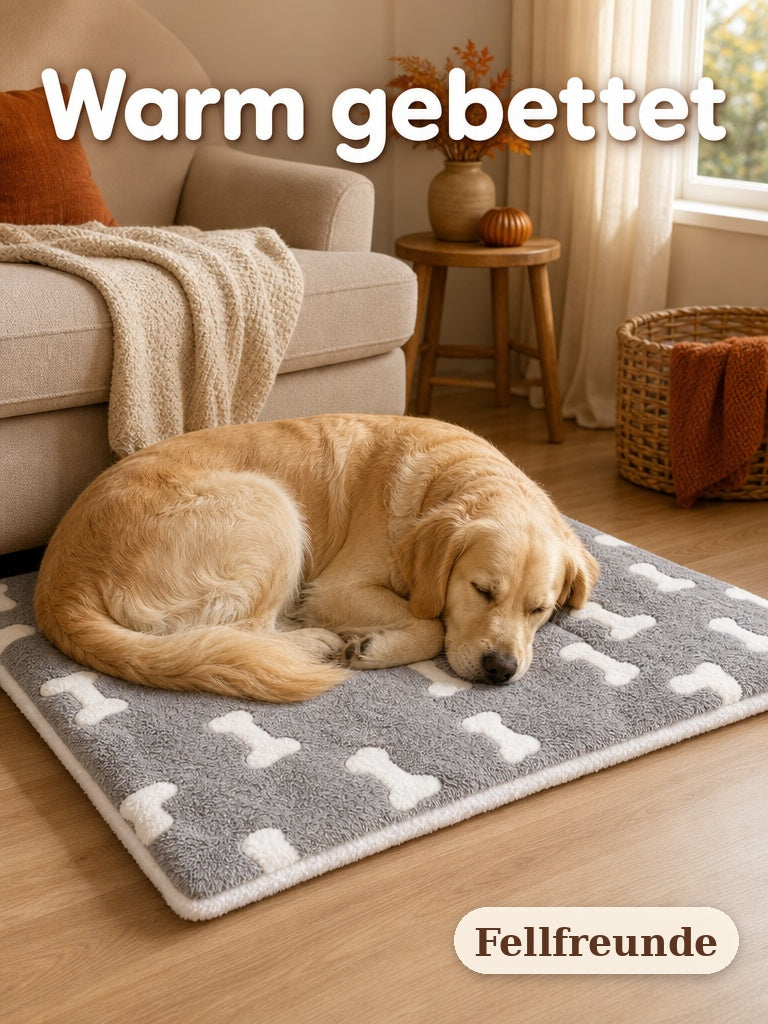 Golden Retriever schläft auf der grauen Plüsch-Liegematte im Wohnzimmer (3)