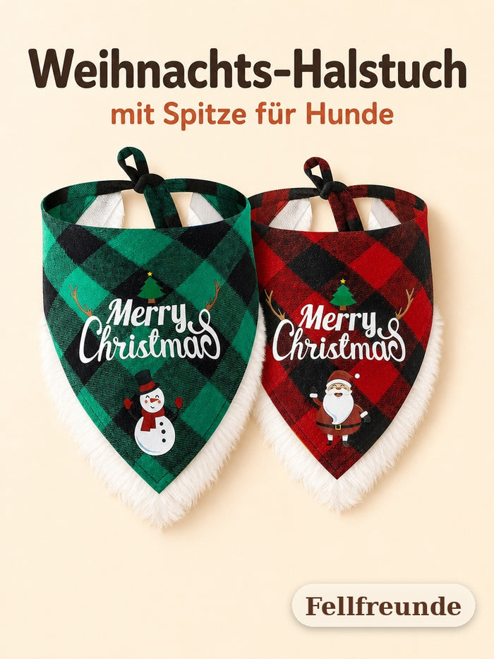Weihnachts-Halstuch für Hunde in Grün und Rot mit weißer Plüschkante