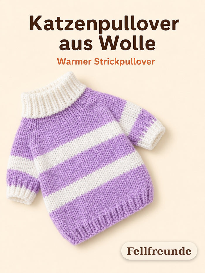 Katzenpullover aus Wolle in Lila-Weiß gestreift, warmer Strickpullover mit weißem Rollkragen