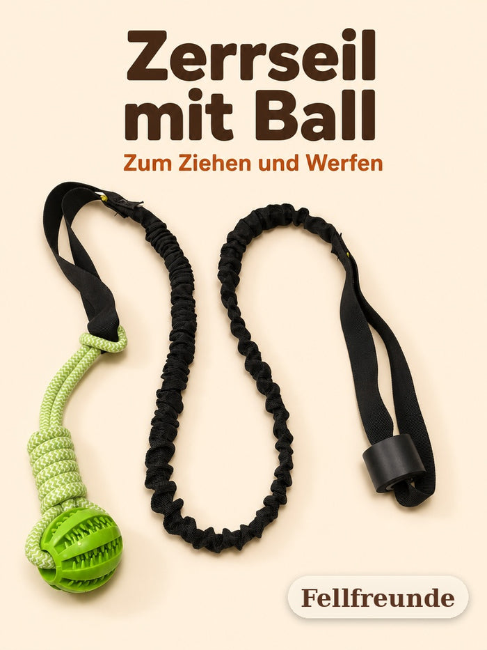 Zerrseil mit Ball für Hunde in Grün mit schwarzer Griffschlaufe, Produktfoto